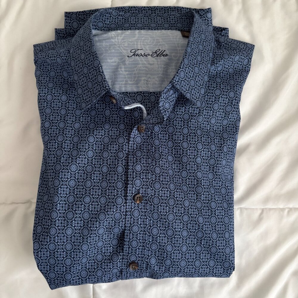 Tasso Elba Men's Cotton Navy Blue Geometric Print Button Up Shirt 18-18.5 XXL